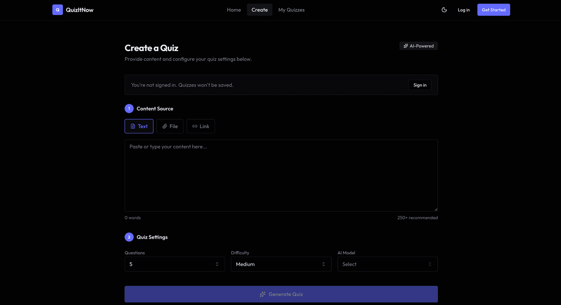 QuizItNow interface